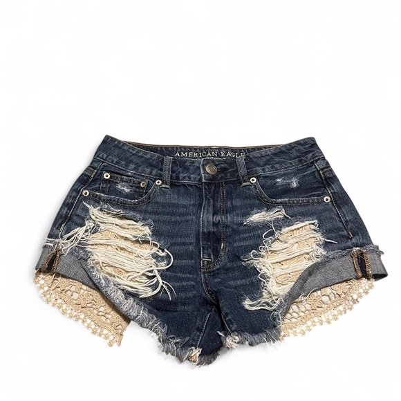 American Eagle Outfitters Dark Blue Distressed Jean Shorts - Picture 1 of 4